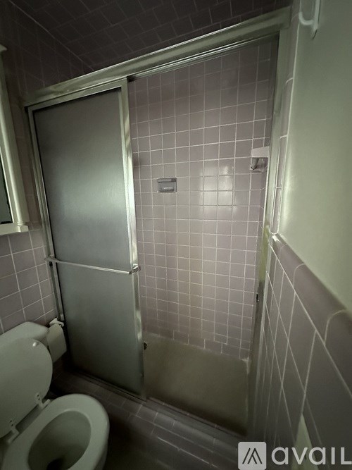 A bathroom with a toilet and a shower stall.