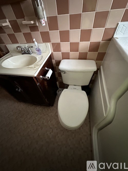 A white toilet sits next to a sink in a small bathroom.