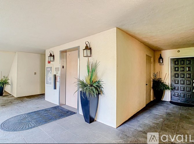A hallway with a door, a plant, and a wall with a number on it.