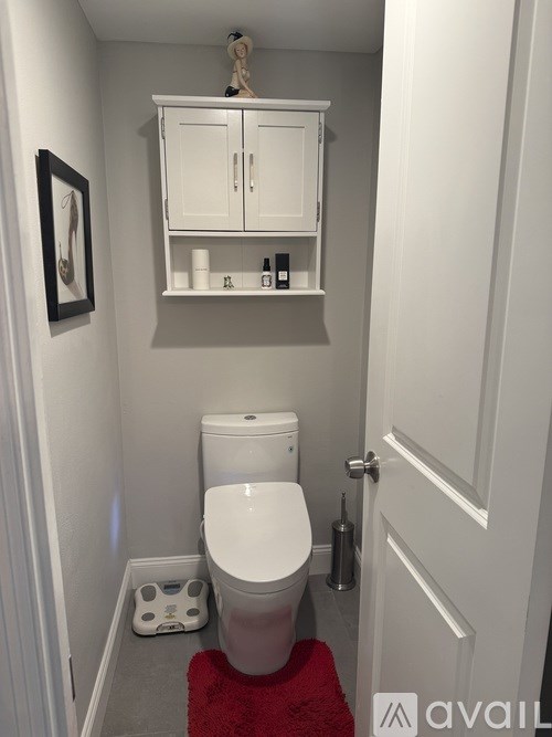 A white toilet in a small bathroom with a red rug and a cabinet above it.