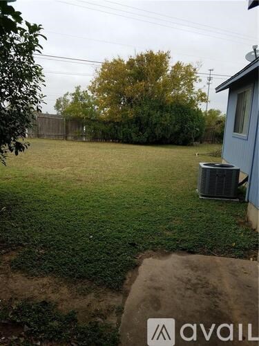 A backyard with a blue house, a green lawn, and a brown dirt area.