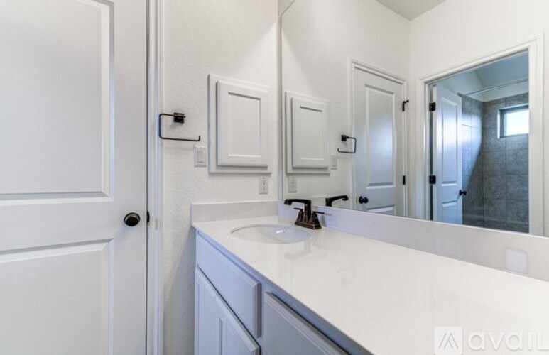 A bathroom with a white sink and a mirror.
