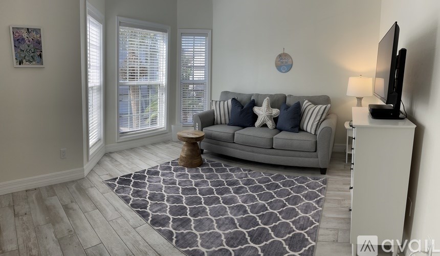 A living room with a grey couch, a patterned rug, and a television on a stand.