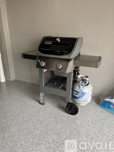 A portable gas grill with a gas cylinder and cleaning brush beside it.