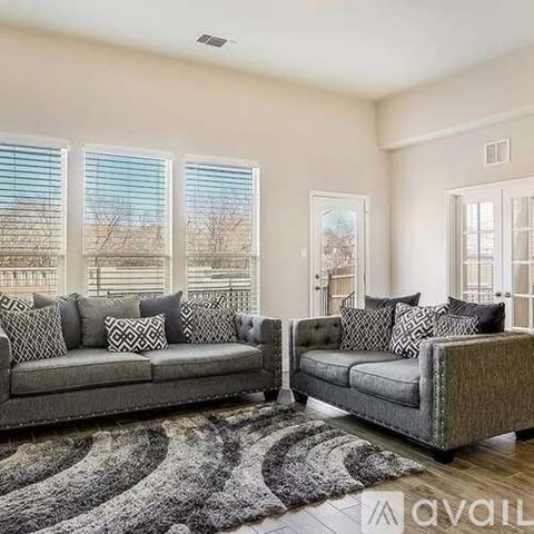 Two grey couches in a living room with a rug and windows.