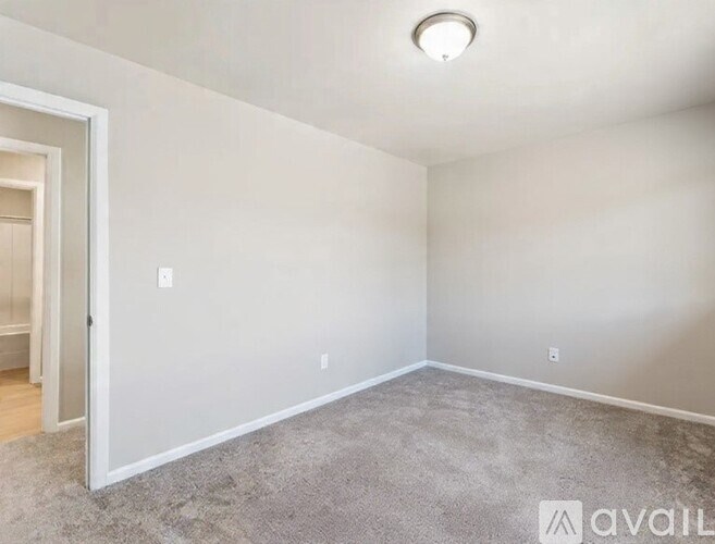 A room with a carpeted floor and a ceiling light.