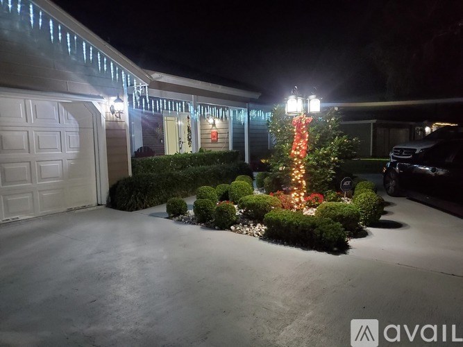 A house with a driveway and a decorative tree with lights.