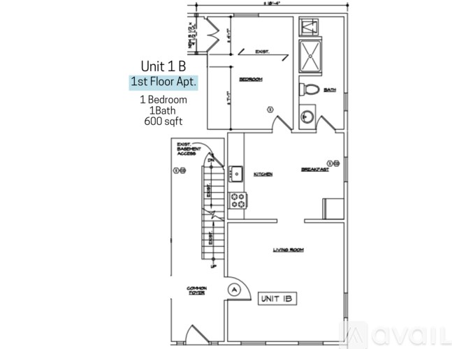 A floor plan of Unit 1B showing a bedroom, bathroom, kitchenette, and living room.