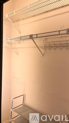 Empty shelves in a storage room.