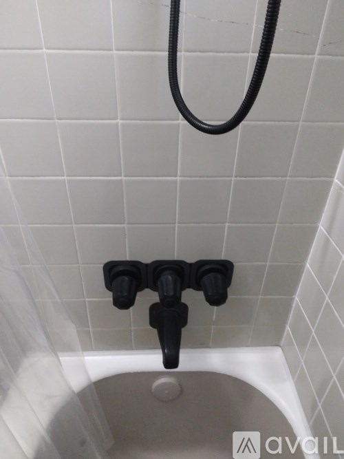 A white bathtub with a black shower head and hose.
