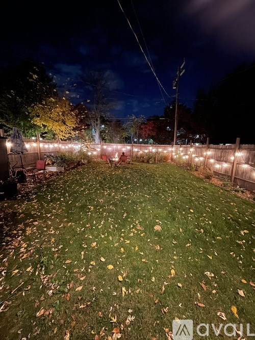 A backyard with a lawn covered in leaves and a fence with lights on it.