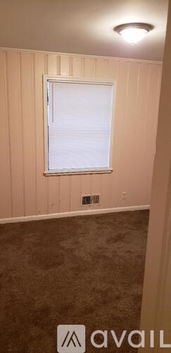 A room with a window and a brown carpet.