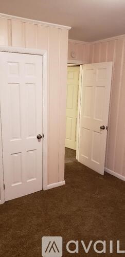 A room with two white doors, one of which is open.