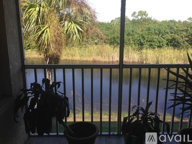 A balcony view with a potted plant and a view of a lake.