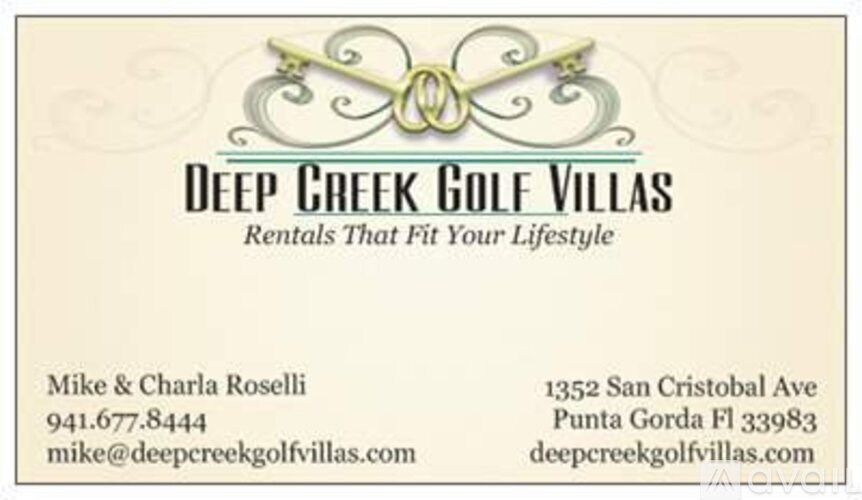 Deep Creek Golf Villas business card with contact information.