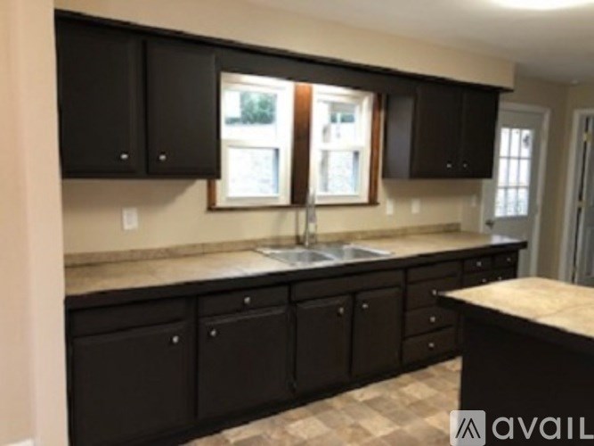 A kitchen with black cabinets and a marble countertop.
