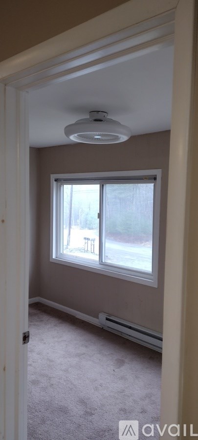 A room with a window and a carpeted floor.