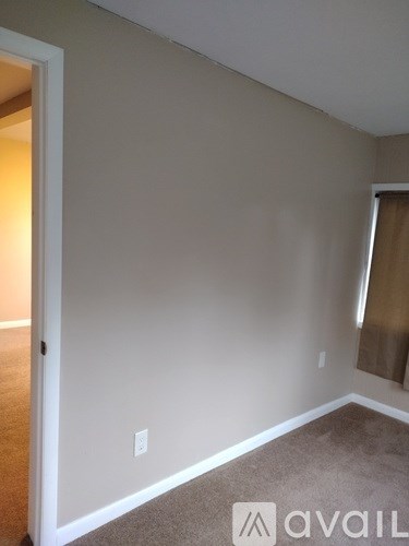 A room with a carpeted floor and a window with curtains.