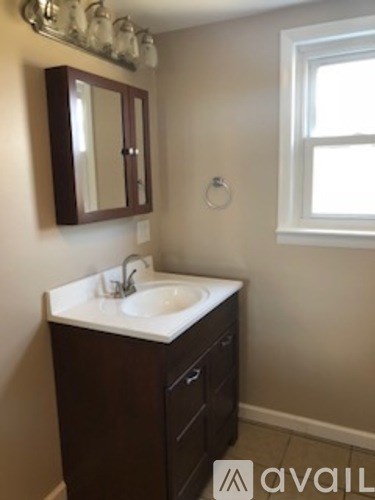 A bathroom with a sink and mirror.