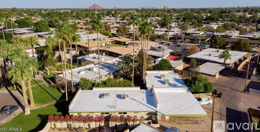 A view of a residential area with houses and palm trees.