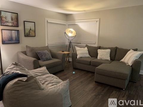 A living room with two couches and a lamp.