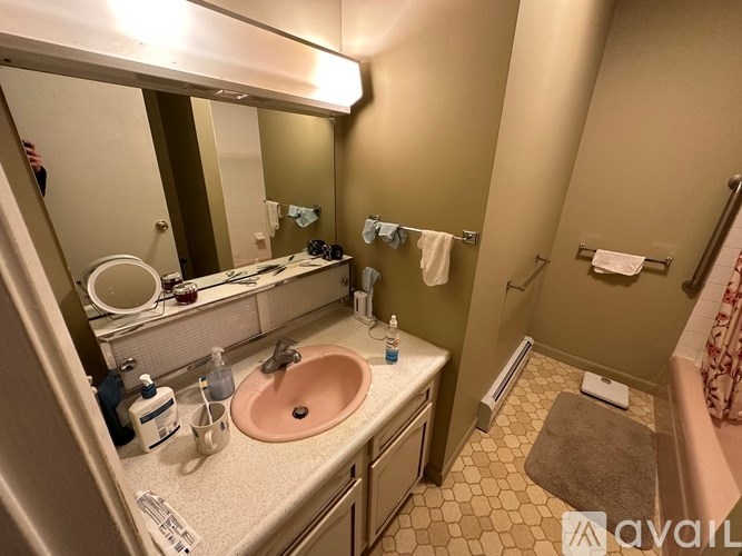 A bathroom with a sink, mirror, and shower.