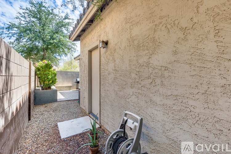A patio area with a wall, a chair, and a potted plant.