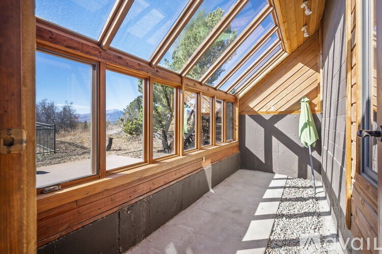 A sunroom with a green umbrella and a view of the outdoors.