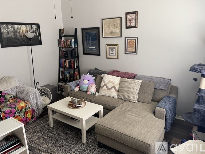 A living room with a couch, a coffee table, and a bookshelf.