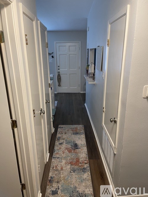 A hallway with white doors and a rug on the floor.