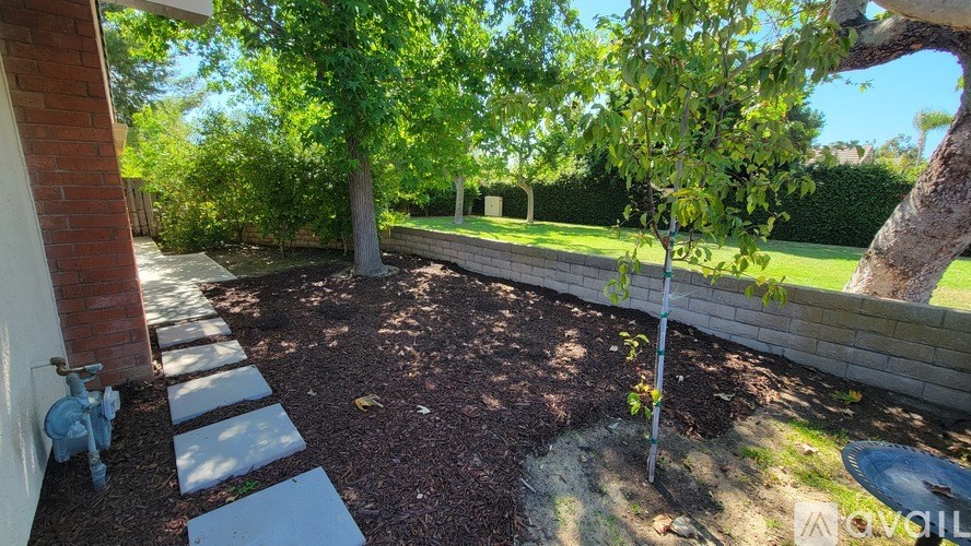 A backyard with a tree, a small garden bed, and a brick wall.