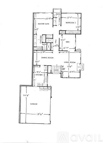 A floor plan of a house with a garage, living room, kitchen, dining room, and two bedrooms.