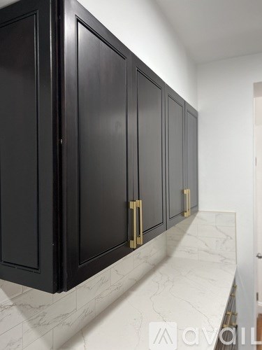 A row of black cabinets with gold handles.