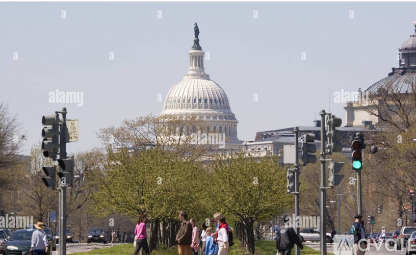 A group of people are walking across a street in front of the United States Capitol building.
