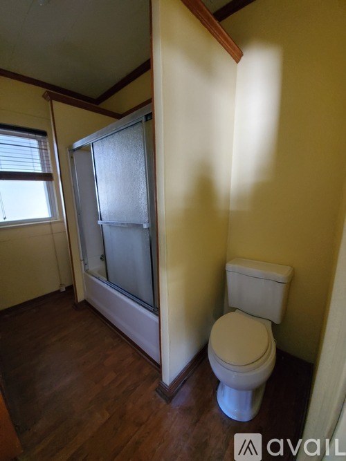 A bathroom with a toilet and a shower.