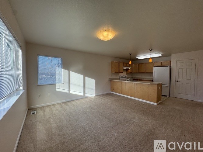 A spacious room with a window, a carpeted floor, and a kitchenette with a refrigerator.