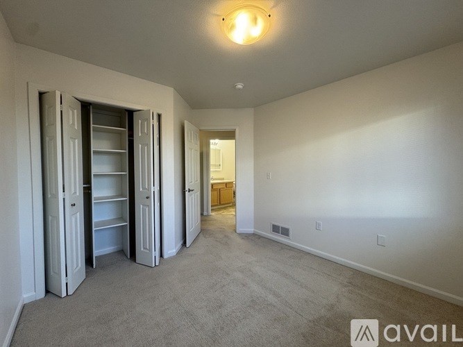 A room with a carpeted floor and a row of closets on the left side.