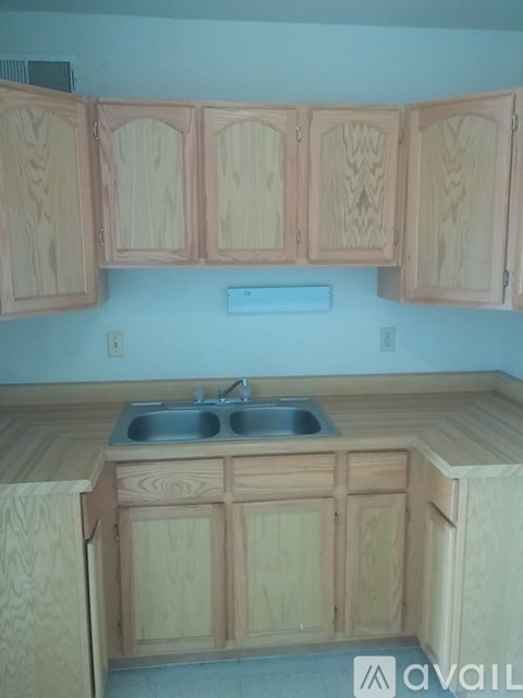 A kitchen with wooden cabinets and a double sink.