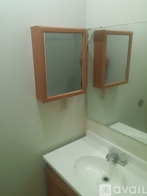 A bathroom with a sink and two mirrors.
