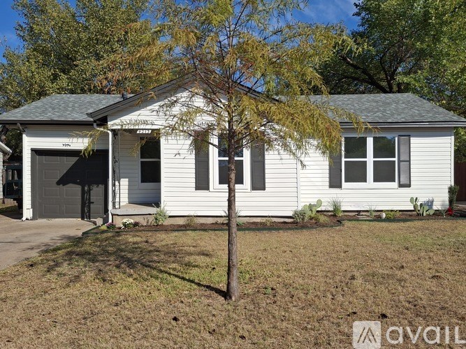 A small white house with a grey roof and a tree in front.
