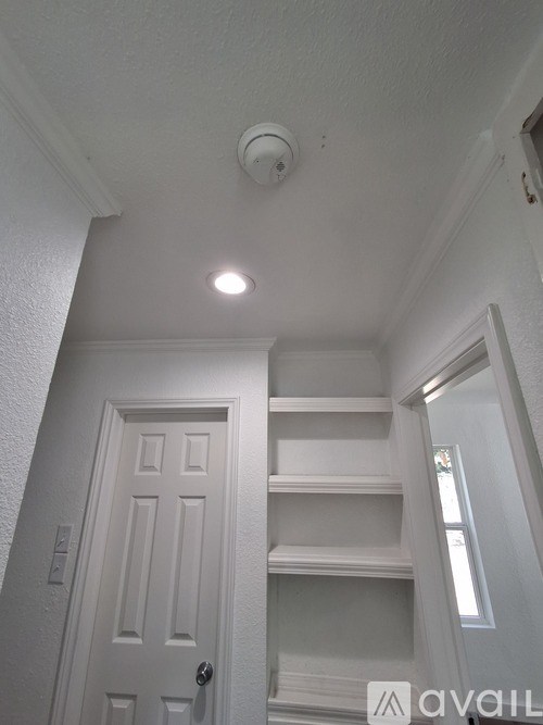 A white door with a black handle and a smoke detector on the ceiling.