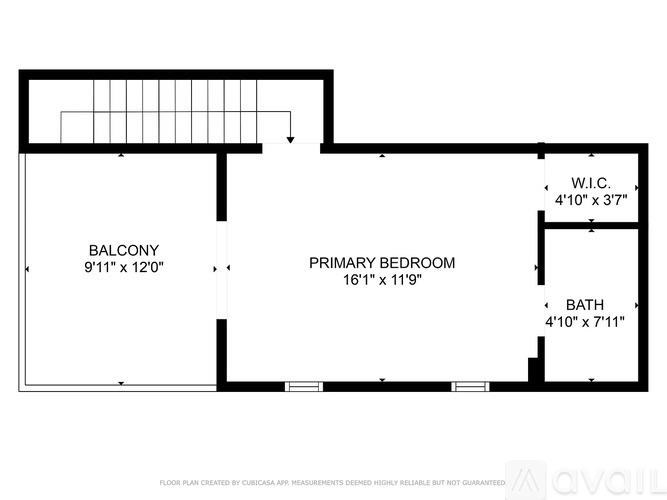 A floor plan for a home with a balcony, primary bedroom, and bathroom.