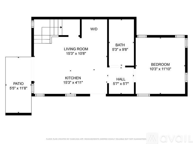 A floor plan of a house with a living room, kitchen, patio, bath, bedroom, and hall.