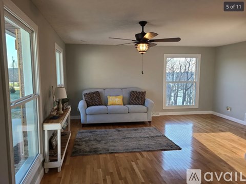 A living room with a grey couch and a ceiling fan.