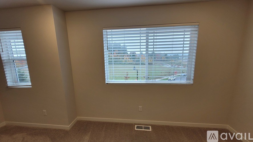 A room with two windows and a carpeted floor.