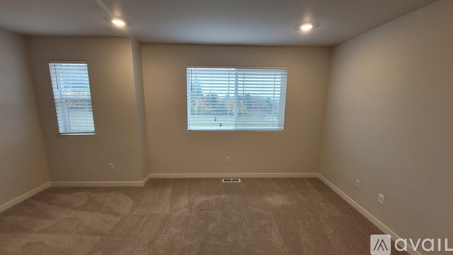A room with two windows and carpeted flooring.