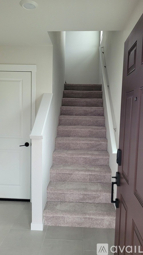 A staircase with a white railing and a brown door.