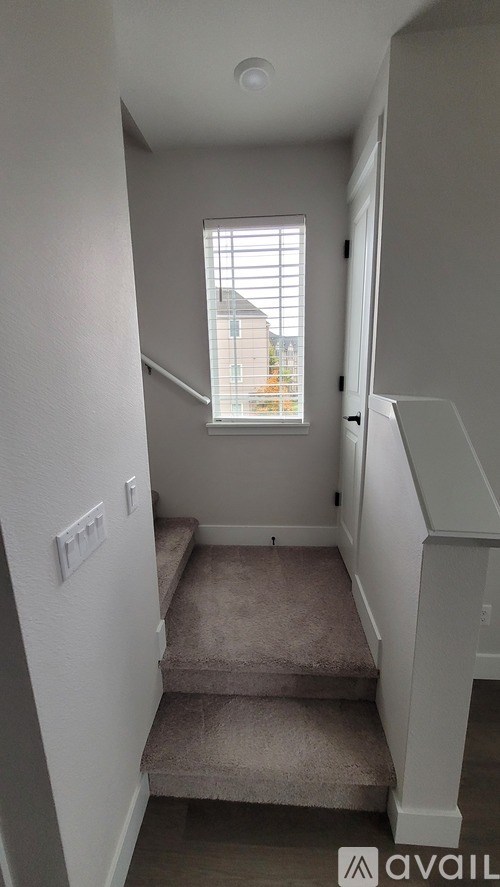 A hallway with a carpeted stairway leading to a window.