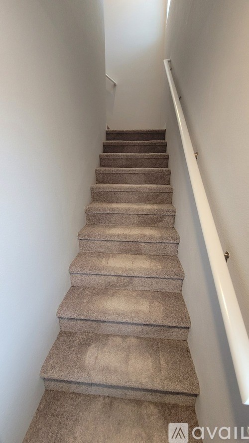 A staircase with beige carpeted steps and white railings.