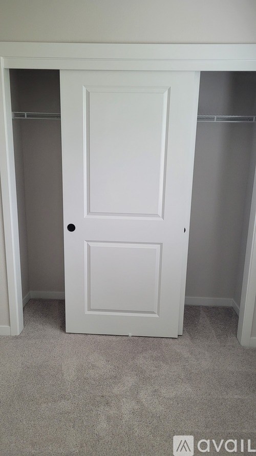 A white door in a room with a carpeted floor.